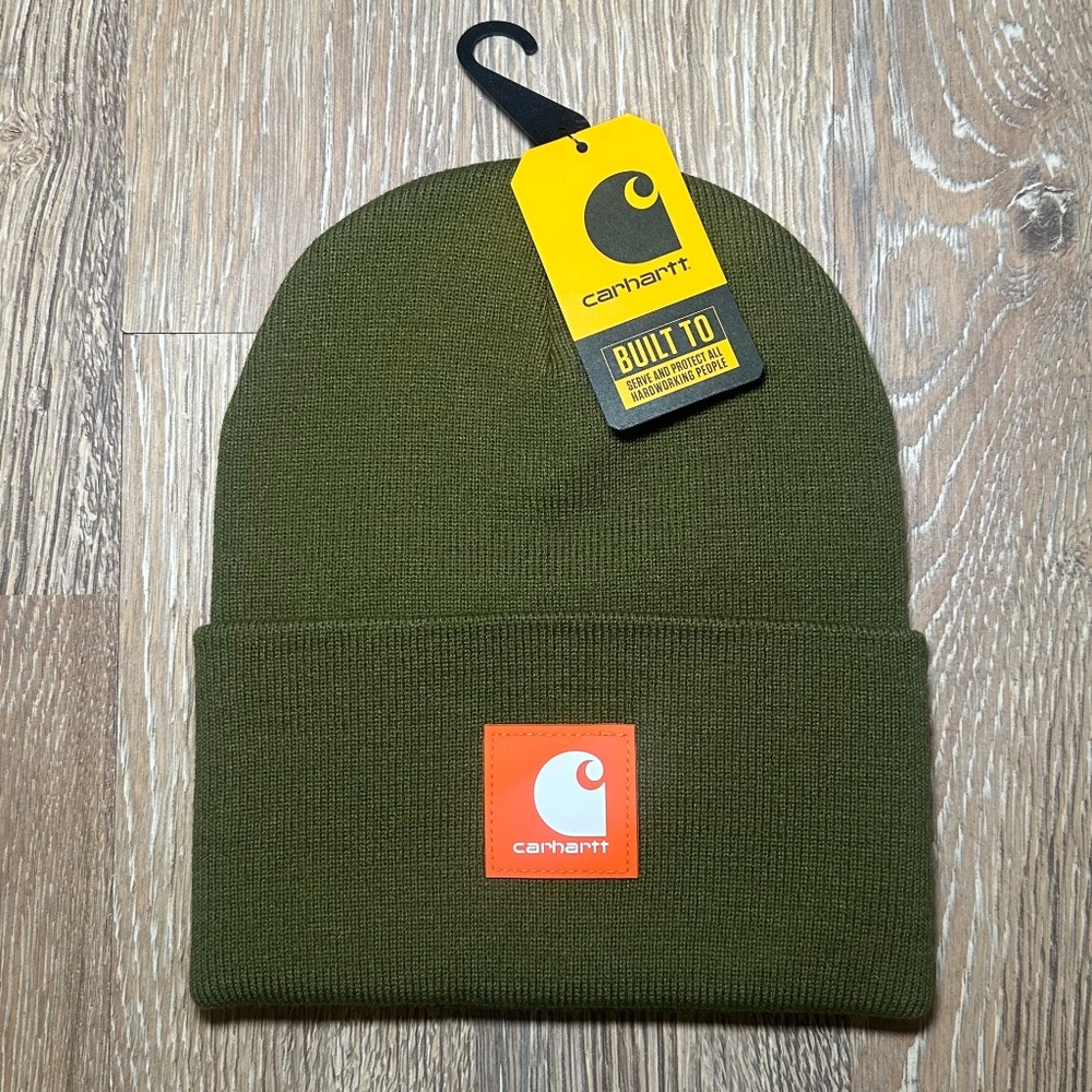 CARHARTT Rubber Patch. Knit Hat Cuff Beanie. DARK BRONZED GREEN. Orange patch